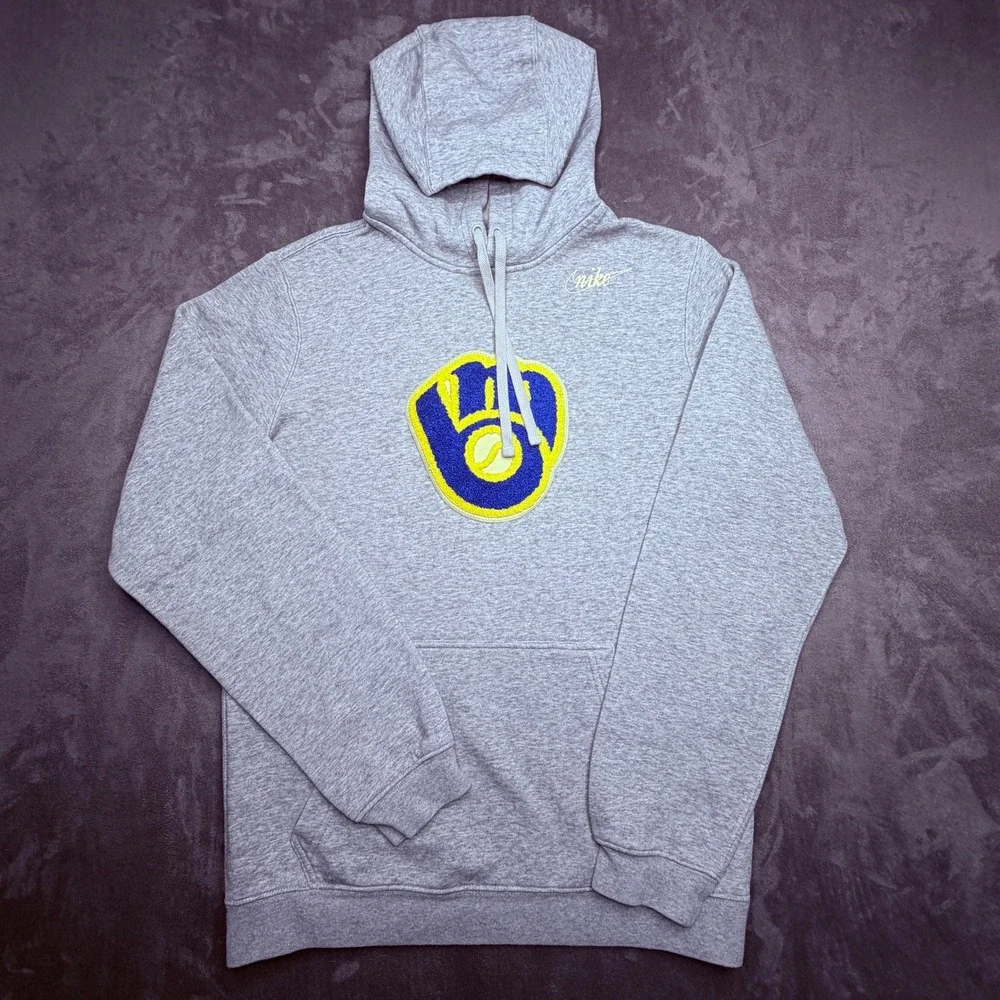 Nike Milwaukee Brewers Hoodie Mens Small Grey Cooperstown Retro Patch Pullover
